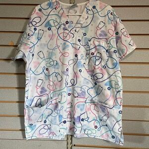 Fresh Approach Women Scrub Top Short Sleeve Stethoscope Heart Print Blue Pink